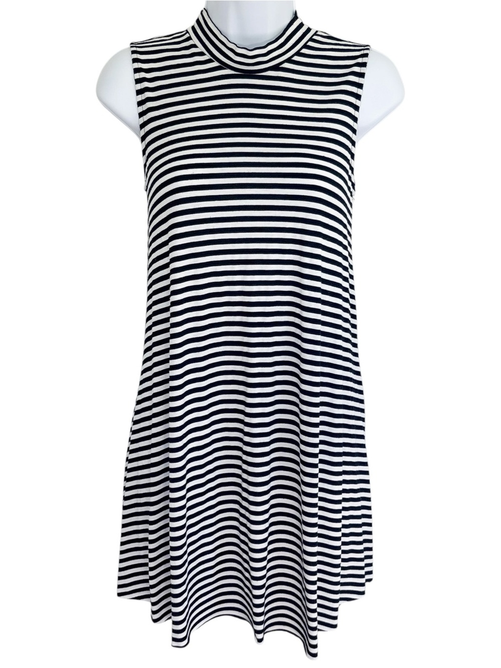 POL Black White Striped Mock Neck Mini Swing Dress Small